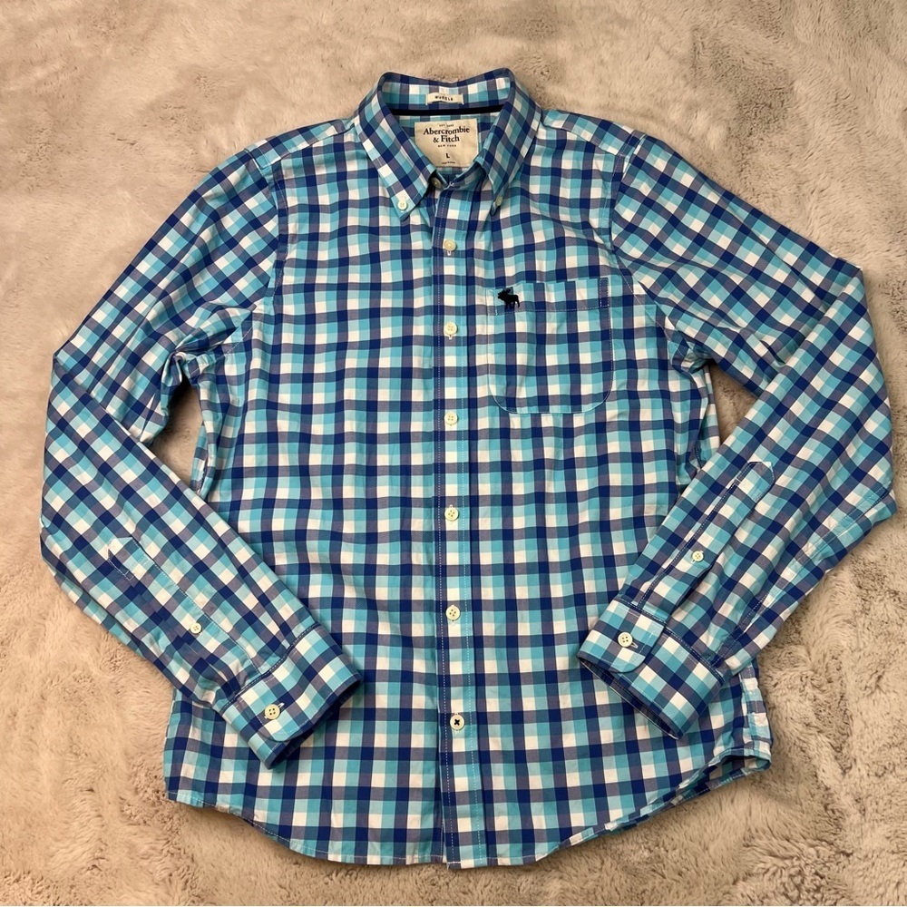 Abercrombie & Fitch Blue White Plaid Checkered Button Up Muscle Shirt Mens Large